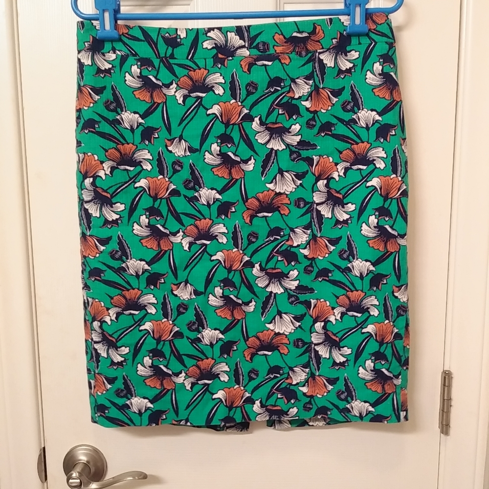 J. Crew Green Floral Mini Skirt with Orange, White & Navy Accents